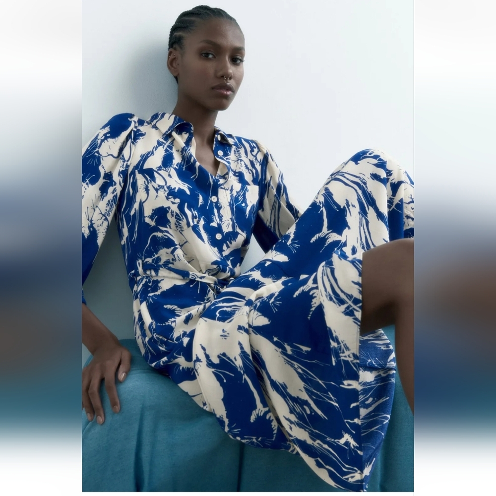 Zara Blue White Floral 1/2 Button Down Belt Pockets Long Sleeve Midi Dress S b29
